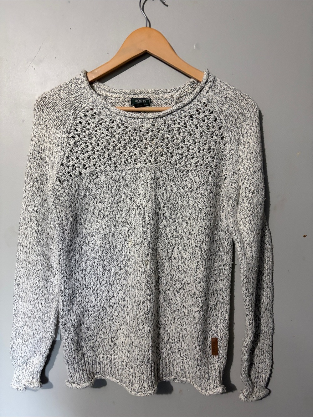 Roots Marled Cream & Gray Openwork Yoke Knit Sweater